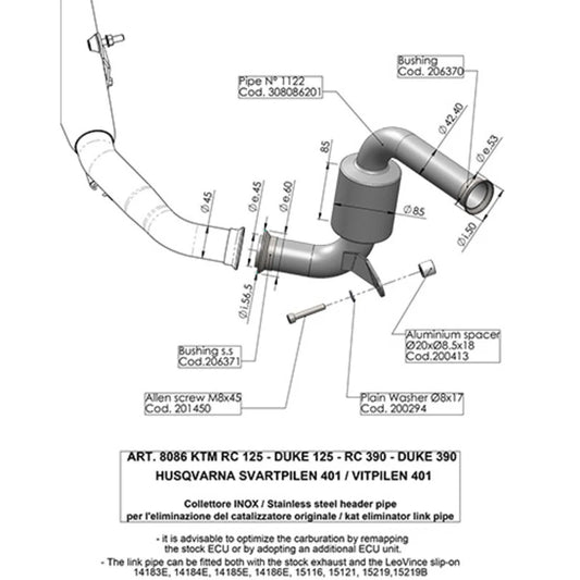 LeoVince LV Link Pipe (Cat Elim.) Stainless Duke/Rc 125>390 / Svart/Vit 401 '17>'20 (Orig. & LV Exhaust)