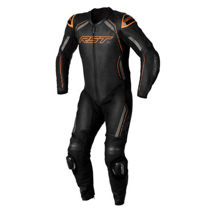 RST S-1 CE MEN'S LEATHER ONE PIECE SUIT BLACK/GREY/NEON ORANGE