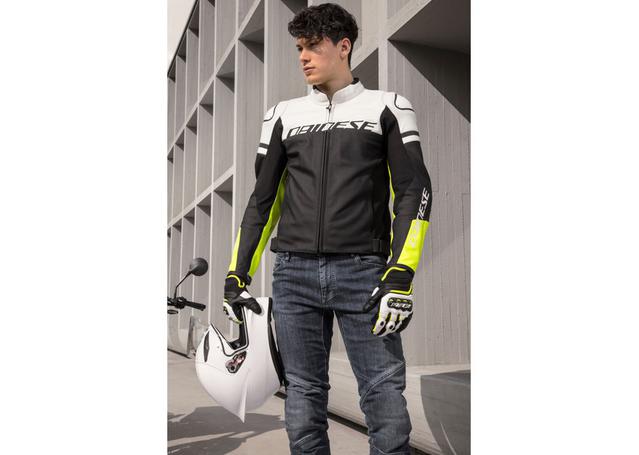 DAINESE AGILE LEATHER JACKET BLACK MATT WHITE FLURO YELLOW