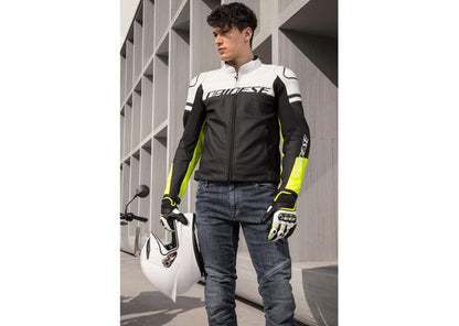 DAINESE AGILE LEATHER JACKET BLACK MATT WHITE FLURO YELLOW