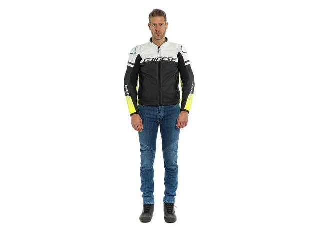 DAINESE AGILE LEATHER JACKET BLACK MATT WHITE FLURO YELLOW