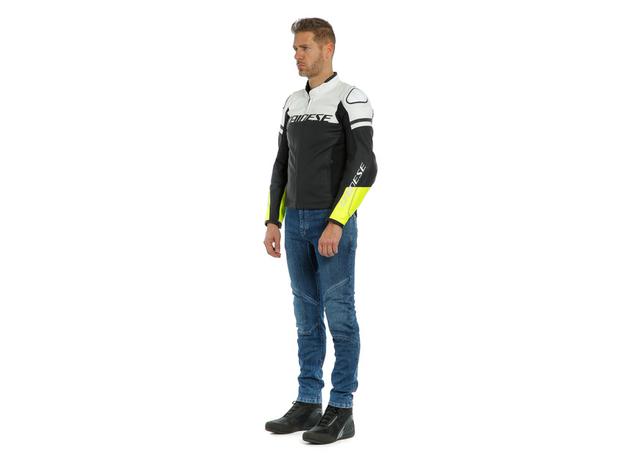 DAINESE AGILE LEATHER JACKET BLACK MATT WHITE FLURO YELLOW