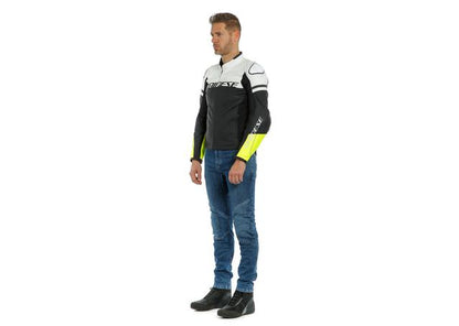 DAINESE AGILE LEATHER JACKET BLACK MATT WHITE FLURO YELLOW