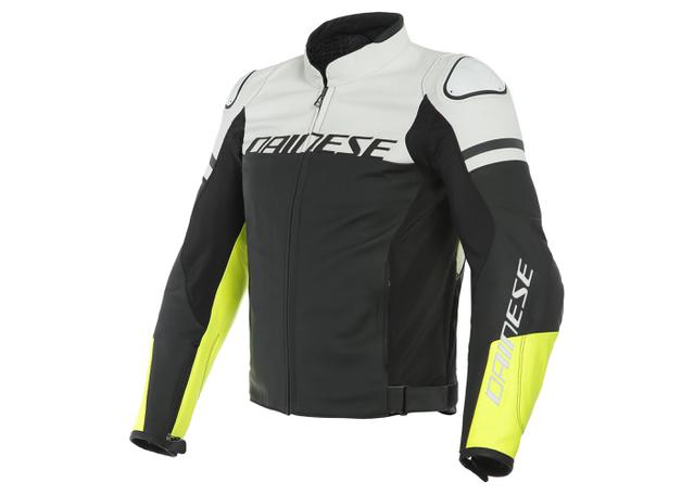 DAINESE AGILE LEATHER JACKET BLACK MATT WHITE FLURO YELLOW