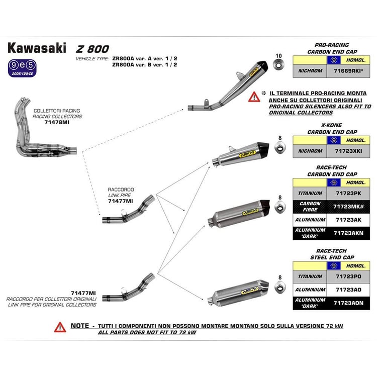 Arrow Kawasaki Z800 Race-Tech Stainless Link Pipe