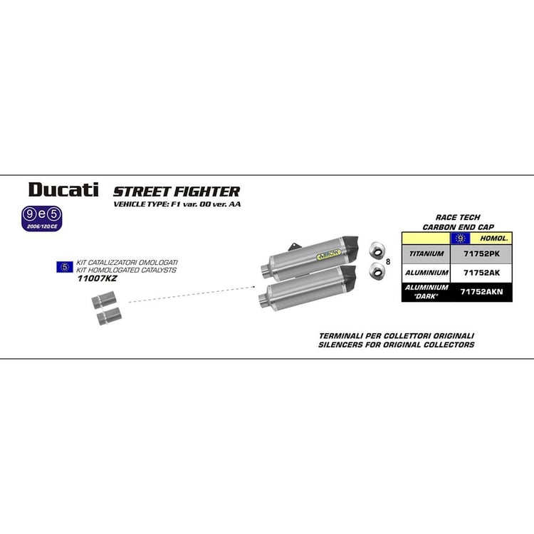 Arrow Ducati Streetfighter Race-Tech Aluminium Silver with Carbon End Cap Silencer