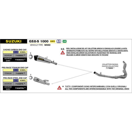 Arrow Suzuki GSX-S1000 21-22 X-Kone Nichrom Dark with Carbon End Cap Silencer Exhaust