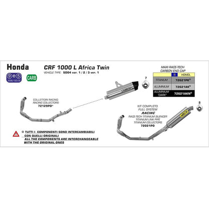 Arrow Honda CRF1000L Maxi Race-Tech Aluminum Silver with Carbon End Cap Silencer