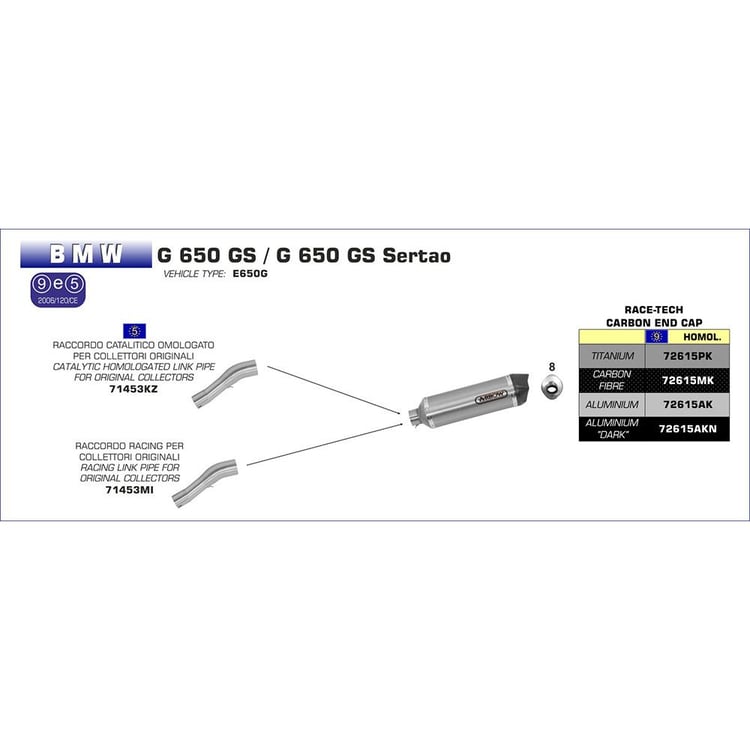 Arrow BMW G 650 GS 11>16 Race-Tech Silencer Stainless Link Pipe